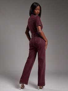 NYA SZN 牛仔短袖连体裤，修身撞色缝线，日常休闲，适合教师、音乐会、节日、商务休闲等场合，纯棉材质，夏季女装 - 酒紅色 - 查看 2