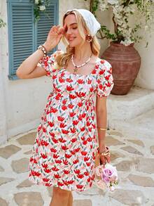 SHEIN Maternity Floral Print Ruched Casual Vacation Puff Sleeve Dress - Multicolor - View 7