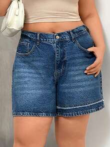 SHEIN Women Washed Detail High-Rise Plus Size Elastic Waist Denim Shorts - Navy Blue - View 4