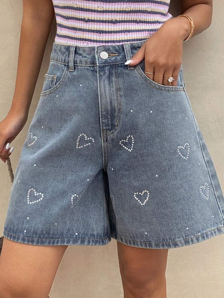 Women's Vintage Washed Denim Shorts With Heart Print, Rhinestone Decor, Casual Beach Vacation Street Style, Spring/Summer