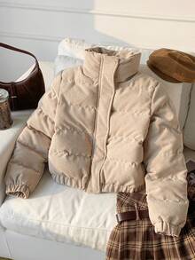 SHEIN EZwear Snap Button Corduroy Padded Coat In Fall/Winter - Khaki - View 3