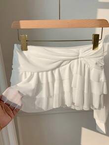 SHEIN EZwear Falda de corte asimétrico con cintura fruncida - Blanco - Ver 7