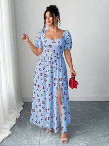 Elenzga Vestido plus size feminino com mangas pétala, costas abertas, fenda e modelagem evasê. - Azul - Ver 4