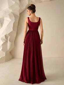 Coutiva Đầm dạ hội dài trang trọng dành cho nữ với phần thân áo đính đá lấp lánh và chân váy xếp ly bằng vải chiffon (phiên bản đính đá) - Màu Đỏ Sâu - Xem 2