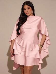 SHEIN BAE Plus Size Women's Autumn/Winter Satin Asymmetrical Hem Adjustable Strap Backless Shawl Collar Dress - Pink - View 6