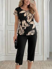 EMERY ROSE 熱帶圖案蝙蝠袖上衣和褲子 - 彩色 - 查看 3