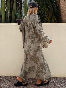 Dazy-Less 女士印花纽扣衬衫和A字裙休闲两件套 - 棕色 - 查看 8