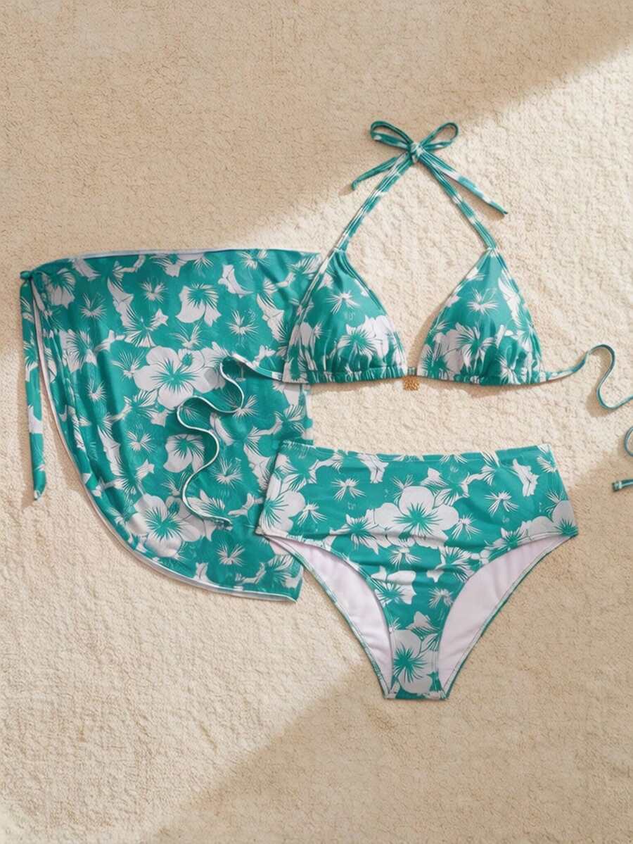 Swim Mod Plus Size Women 3 Pieces Set Floral Accent Spaghetti Strap Skirt & Swimwear Set - Green - View 1