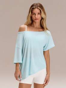 GLOWMODE Modal Silky Smooth Asymmetrical Hem Off-Shoulder 3/4 Sleeve Active Tee T-Shirt Daily Casual Wear - Baby Blue - View 8
