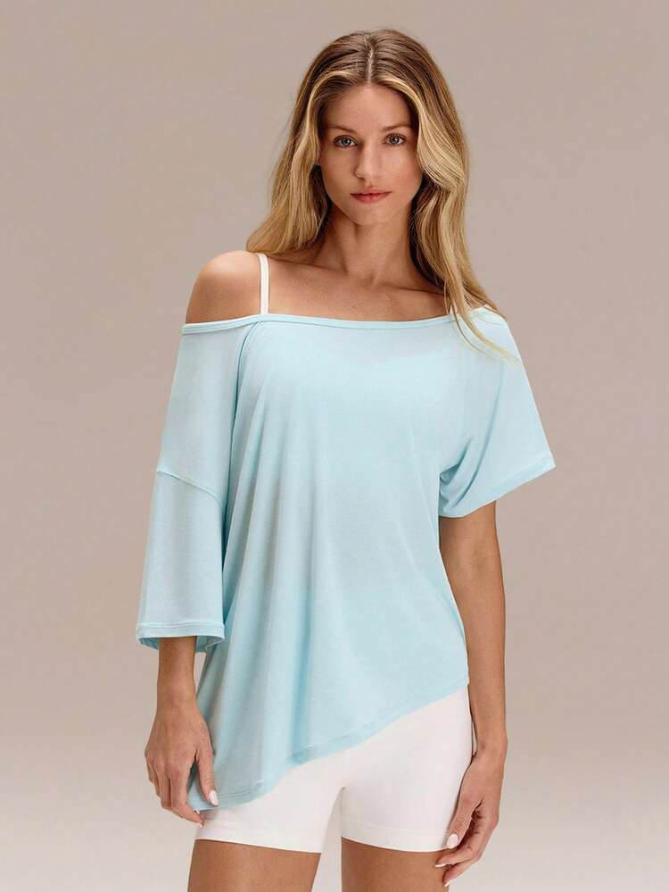 Modal Silky Smooth Asymmetrical Hem Off-Shoulder 3/4 Sleeve Active Tee T-Shirt Daily Casual Wear