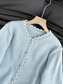 SHEIN Franclia Women's French Romantic Contrast Color Ruffle Trim Cardigan, Suitable For Commuting - Baby Blue - View 3
