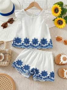 SHEIN Bộ 2 áo sơ mi thêu và in họa tiết phong cách đồng quê mùa xuân/hè cho bé gái, dành cho cả bé trai và bé gái từ 0-3 tuổi. - Nhiều màu - Xem 3