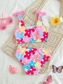 Souflis Souflis Set Bikini Anak Perempuan Motif Bunga dengan Tali Bahu Tipis dan Hiasan Pita - MultiWarna - View 2