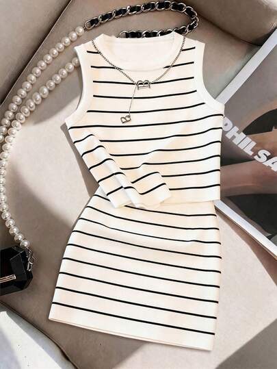 GlowEve 2 Stück/Set Damen Farbblock gestreiftes ärmelloses Crop Top und hochgeschnittener Mini Rock Set, sexy & elegant, geeignet für Dates, Valentinstag, Partys, Urlaub, täglichen Gebrauch