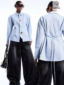 LYSMO 2025新款极简白色宽松垫肩系带长袖衬衫，适合日常穿着、通勤、办公、学院风、都市时尚 - 藍色 - 查看 8