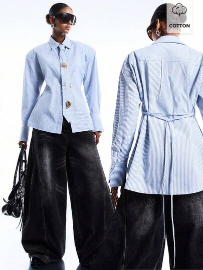 LYSMO 2026 New Arrive Minimalism Spring/Summer Women's White Oversized Padded Shoulder Tie Collar Long Sleeve Belted Shirt, Suitable For Daily Wear, Commute, Office, Preppy Style, Urban Fashion