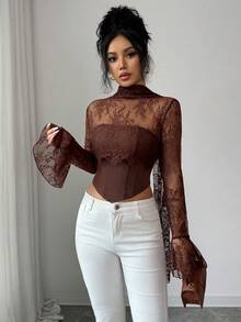 SHEIN Tall Women's Lace Patchwork Long Flare Sleeve Front Fish Bone Line Halter Tie Crop Top , Elegant Sexy Brown Summer Night Out Party - Brown - View 4
