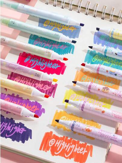 12pcs Dual Tip Highlighter Marker Pens, Stackable Color Highlighters, Assorted Colors For Journaling, Note-Taking, Doodling & Drawing, Correction Tape Compatible, Student Supplies