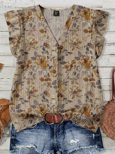 EMERY ROSE Áo sơ mi nữ cỡ lớn màu hồng cổ chữ V tay bồng dáng rộng họa tiết hoa retro lượn sóng in hình da báo, thích hợp mặc đi nghỉ mát, mùa hè, đồng phục du lịch, áo hè, áo khoác ngoài, áo kiểu hè dễ thương, trang phục hè cho nữ.