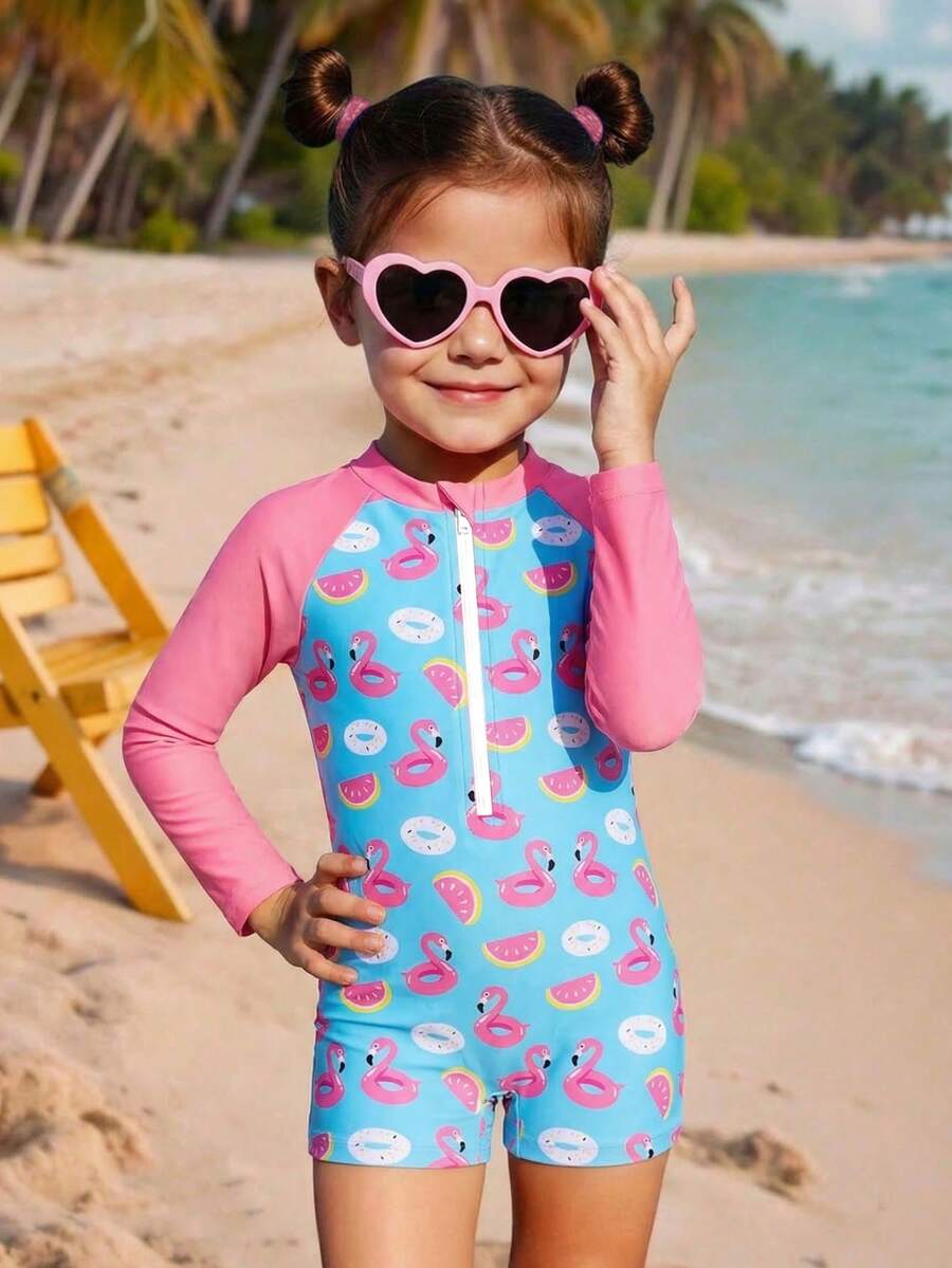 New Fashion Girls One-Piece Long Sleeve Shorts Swimsuit, Random Cute Print Young Girl Swimwear - Multicolor - View 1