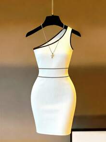 Franclia Women's Elegant Black And White Colorblock Ribbed Knit Bodycon Dress, One Shoulder Asymmetric Dress For Summer,Dinner Date,Wedding,Y2k Outing - White - View 4