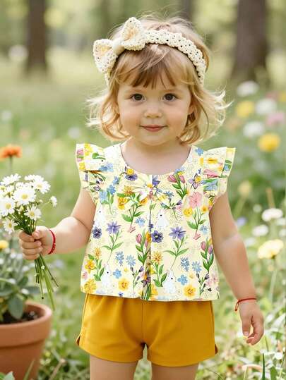 SHEIN Vintaside Kids Bộ áo không tay và quần short cho bé gái, mùa hè, với nơ 3D trang trí trên áo. Bộ 2 món áo tay ngắn in hình thỏ dễ thương và quần short màu vàng cho bé gái, thích hợp cho các chuyến đi chơi và những dịp thường ngày.