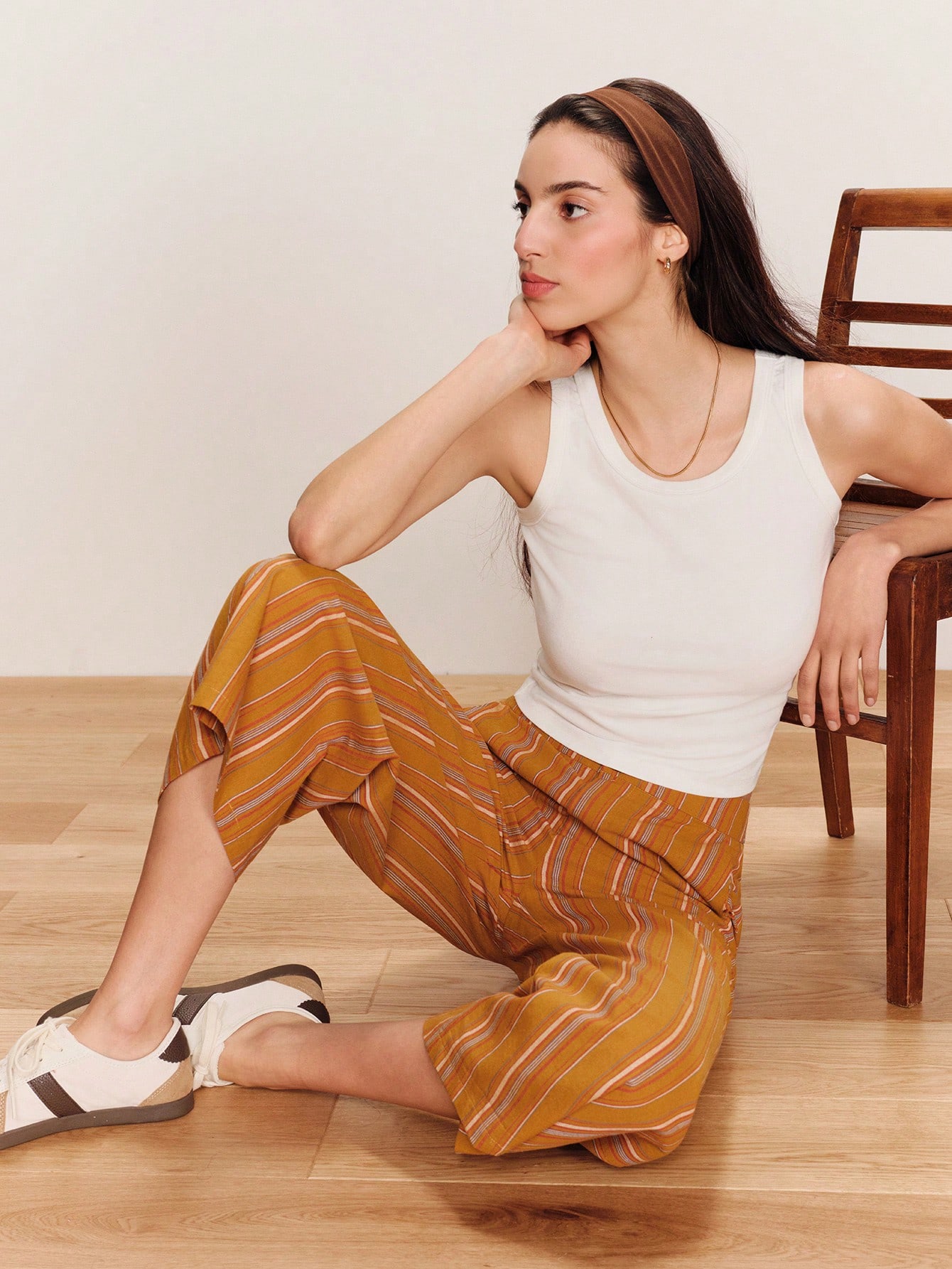 High Waisted Straight Leg Camel Striped Pants 3/4 Length Cute Spring Summer Vintage Striped Pants Vacation Outfit French Style Parisian Style