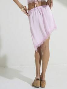 Aralina Váy ngắn nữ cạp chun, dáng chữ A, vạt bất đối xứng, chất liệu satin phối ren, thích hợp mặc đi chơi, dự tiệc, mùa hè. - Hồng - Xem 2