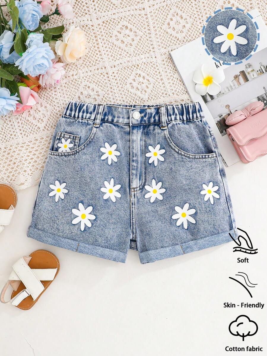 Quần short denim thời trang cho bé gái tuổi teen, hàng mới về mùa hè nhẹ nhàng, màu xanh nhạt, phong cách đường phố thường ngày, thiết kế dành cho kỳ nghỉ, kiểu dáng cơ bản đơn giản 5 túi, eo chun, gấu quần xắn, in họa tiết hoa cúc, dáng rộng không co giãn, chất liệu cotton mềm mại, thích hợp mặc hàng ngày, dự tiệc, đi học, đi làm, bộ sưu tập mới Xuân/Hè 2026. - Rửa trung bình - Xem 1