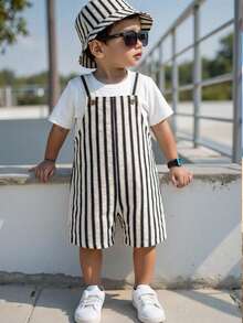 SHEIN 2pcs/Set Baby Boy/Girl Summer Striped Bib Overalls & Bucket Hat Set, Casual Outfit For Home, Outing, Beach - Multicolor - View 8