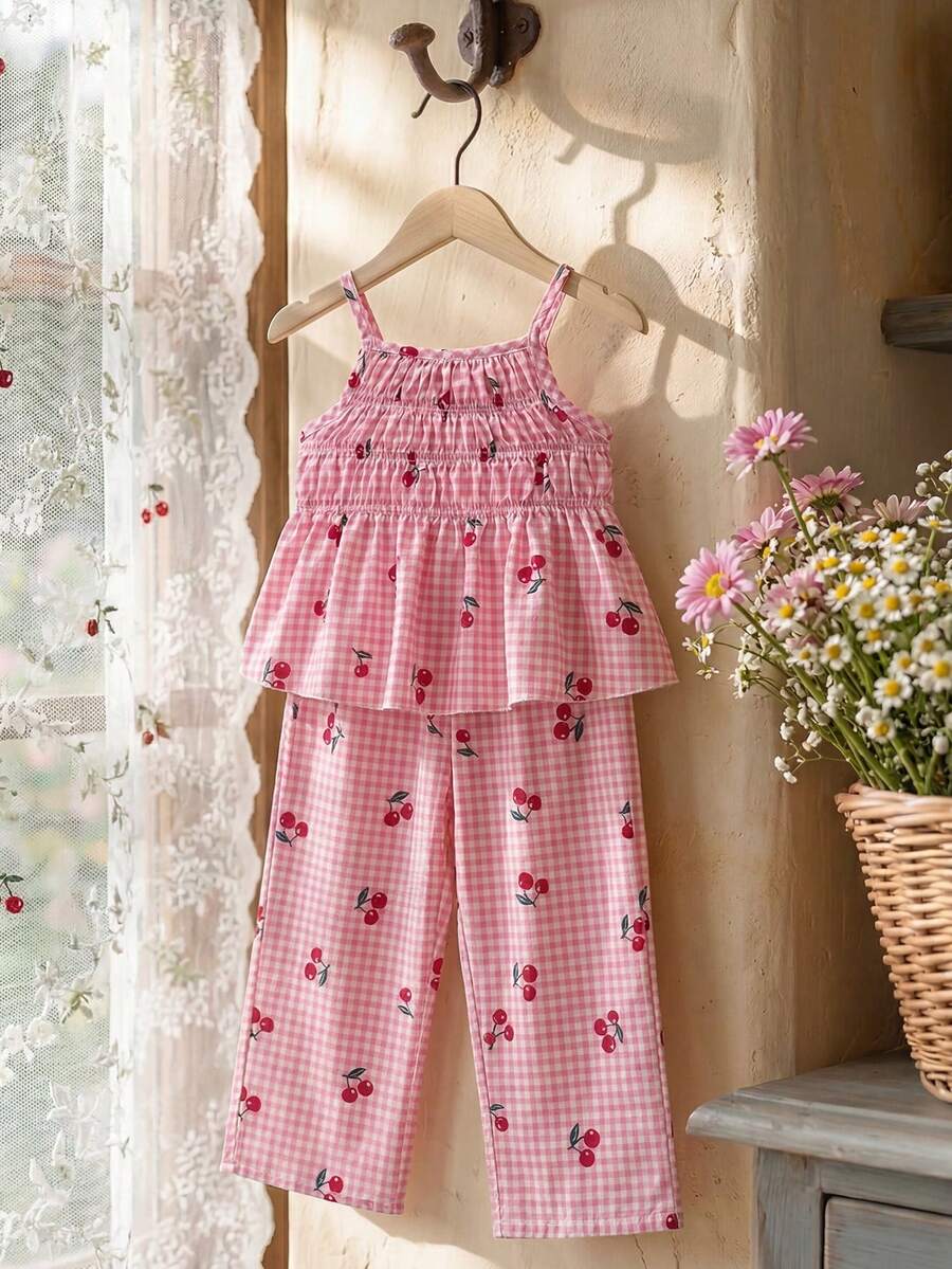 SHEIN Vintaside Kids 女童蓝白格子印花无袖上衣和配套长裤两件套,修身版型,适合外出、休闲、运动、派对等场合。 - 粉色 - 查看 1