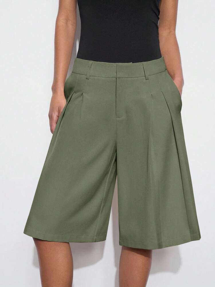 SHEIN Maija Casual Army Green Skort Capris For Women Woven Fabric Plain Design With Zipper