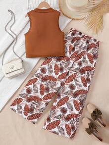 女童棕色罗纹针织无袖上衣+树叶印花直筒裤两件套，休闲日常穿搭，春夏款 - 棕色 - 查看 2