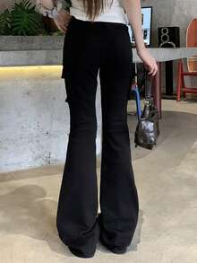 DAZY Women's Street Fashion Utility Pocket Flare Leg Jeans - Black - View 2