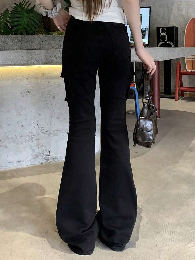 Women's Street Fashion Utility Pocket Flare Leg Jeans Summer