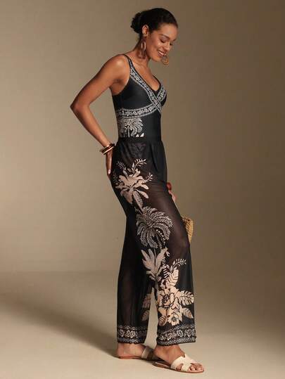 Swim Oasis Women's Palm Tree Print Fashion Spaghetti Strap One-Piece Swimsuit With Cover-Up Pants