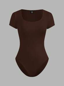 SHEIN EZwear Bộ đồ liền thân tay ngắn màu đen và nâu sô cô la cỡ lớn (2 món) - Màu nâu Sô-cô-la - Xem 4
