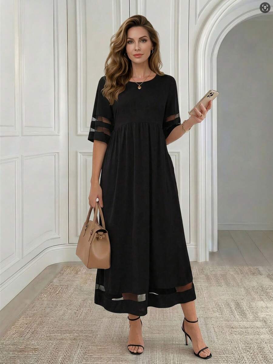 Miaspire 網紗拼接拼接連衣裙 - 黑色 - 查看 1