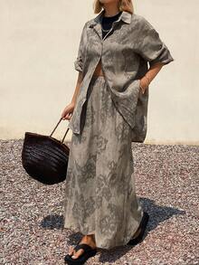 Dazy-Less 女士印花纽扣衬衫和A字裙休闲两件套 - 棕色 - 查看 5