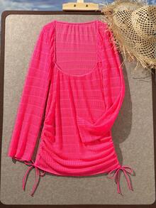 Vaytide 春夏新款亮泽纯色荧光黄纹理面料高弹性感镂空侧边修身黑色派对外出航海度假沙滩连衣裙女士浪漫度假连体泳衣罩衫 - 玫紅色 - 查看 6