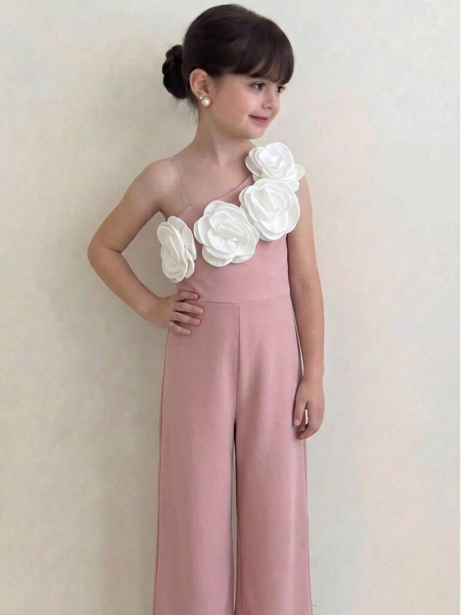 SHEIN 女童撞色编织3D立体花卉装饰无袖休闲连体裤 - 粉色 - 查看 1