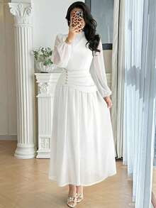 Modelyn Đầm dài tay xếp ly màu trơn thanh lịch dành cho nữ - trắng - Xem 6