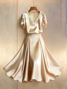 GlowEve Spring/Summer New Pearl V-Neck Puff Sleeve Top, Pleated Draping Satin Fabric Skirt, Elegant 2-Piece Set For Women - Champagne - View 6