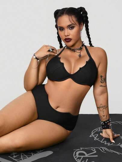 ROMWE Goth 2026 大码女士夏季暗黑哥特风比基尼，钢圈聚拢高腰吊带背心套装，欧美哥特风显瘦沙滩水疗泳衣