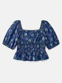 lacRébo Vintage Dark Blue Denim-Look Floral Smocked Crop Top With Puff Sleeves And A Square Neckline Cute Style Spring Summer Vacation French Style Parisian Style - Dark Wash - View 8