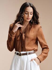 Arave Women's Loose Fit V-Neck Pleated Flowy Tie Design Casual Commuter Blouse - Coffee Brown - View 6