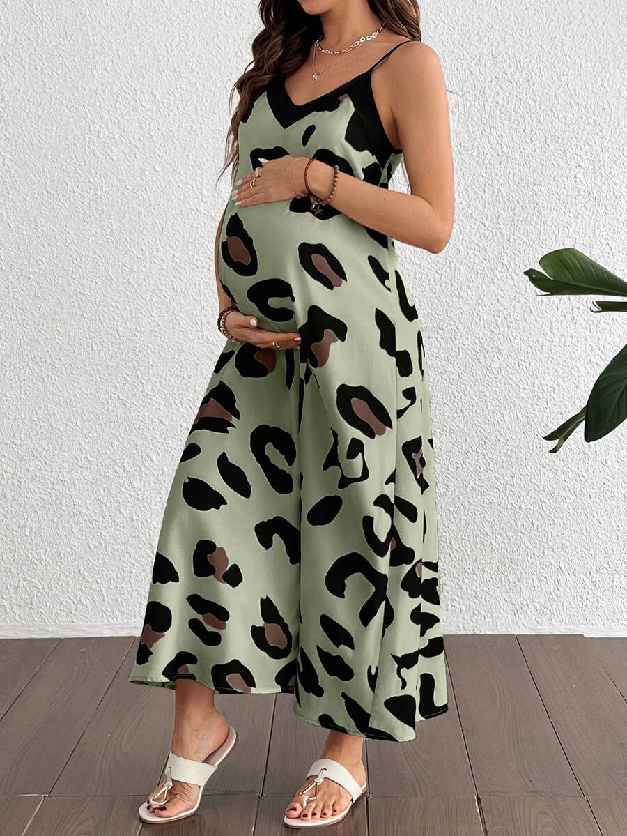 SHEIN Maternity V-Neck Casual Vacation Strap Dress - Green - View 1