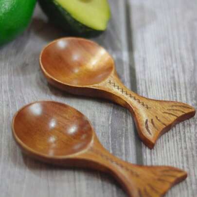 Cirelle 1个创意鱼形楠木勺量勺奶粉勺酱料小碟勺架