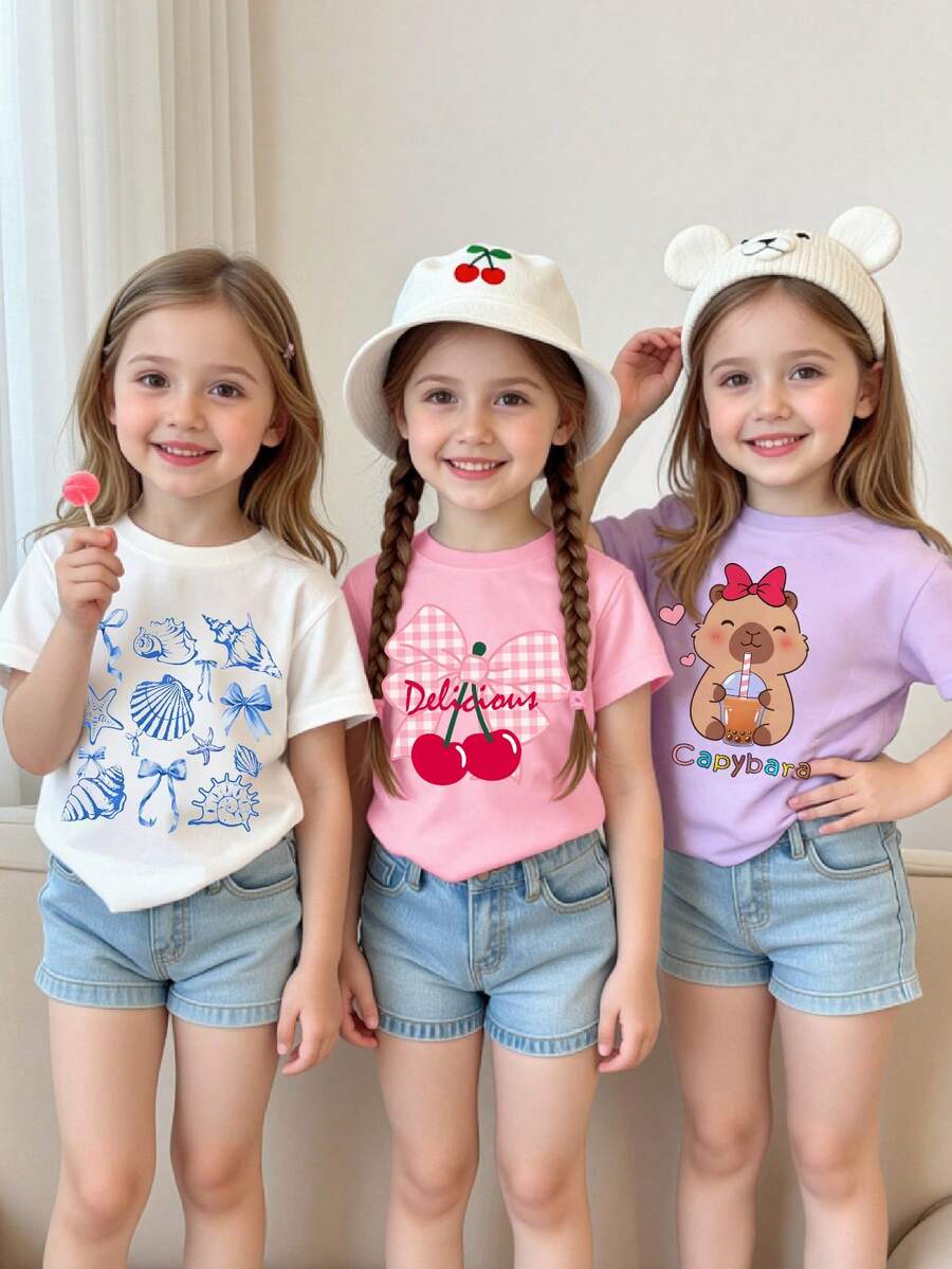 Bộ 3 áo thun ngắn tay cổ tròn màu trắng/hồng/tím dành cho bé gái, kiểu dáng thường ngày, họa tiết hoạt hình chuột lang nước, nơ anh đào và hình ảnh đại dương, thời trang và dễ thương cho mùa hè. - Màu tím - Xem 1