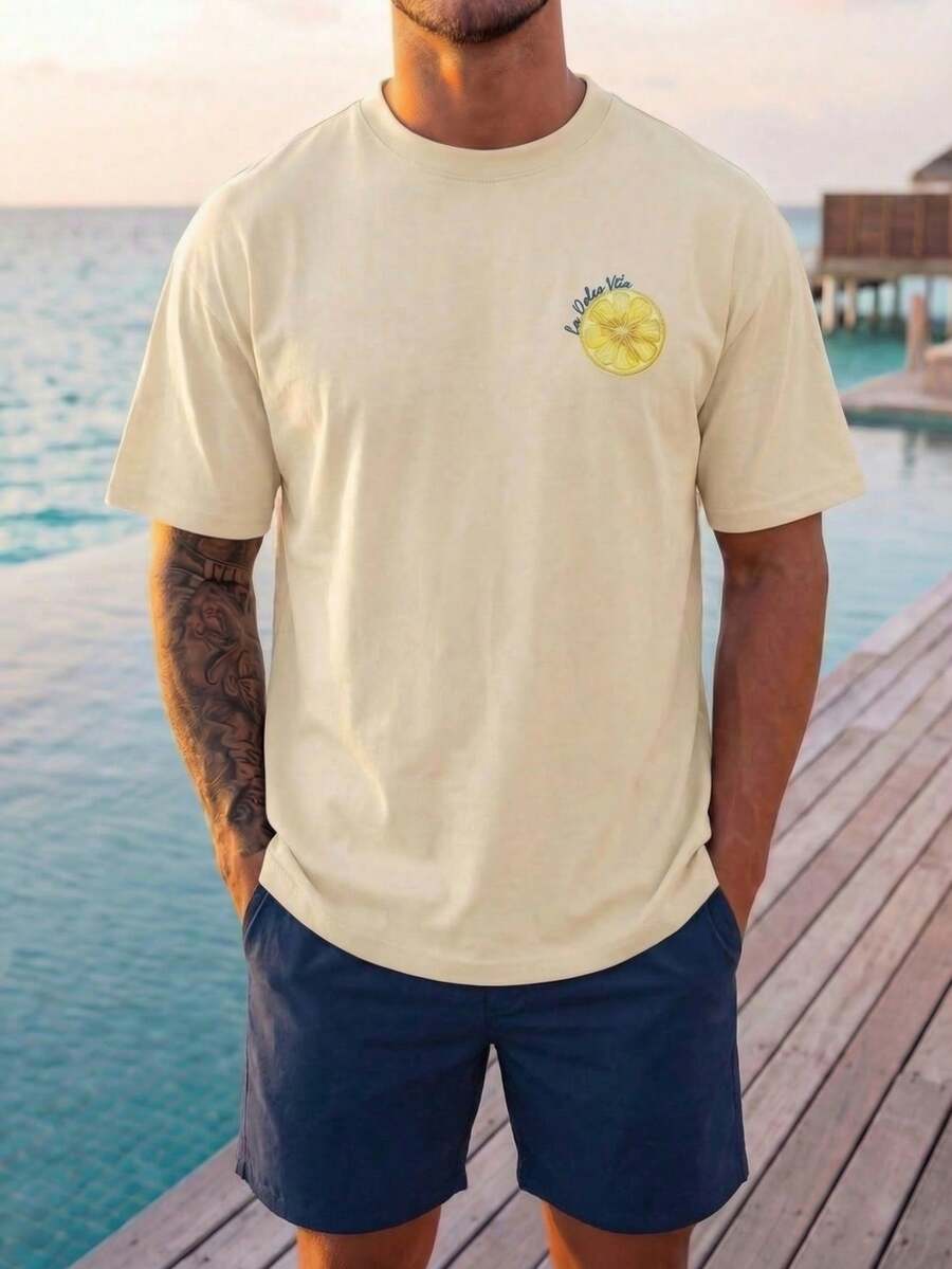 VIVINTIMO Men's Casual Loose Graphic Print Round Neck Short Sleeve T-Shirt - Apricot - View 1